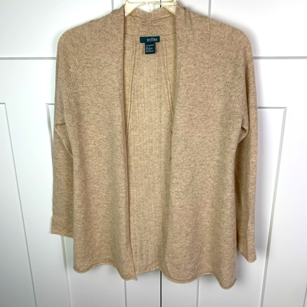 GRIFFEN SMALL 100% Cashmere Open Front Cardigan Sweater Beige Luxury capsule